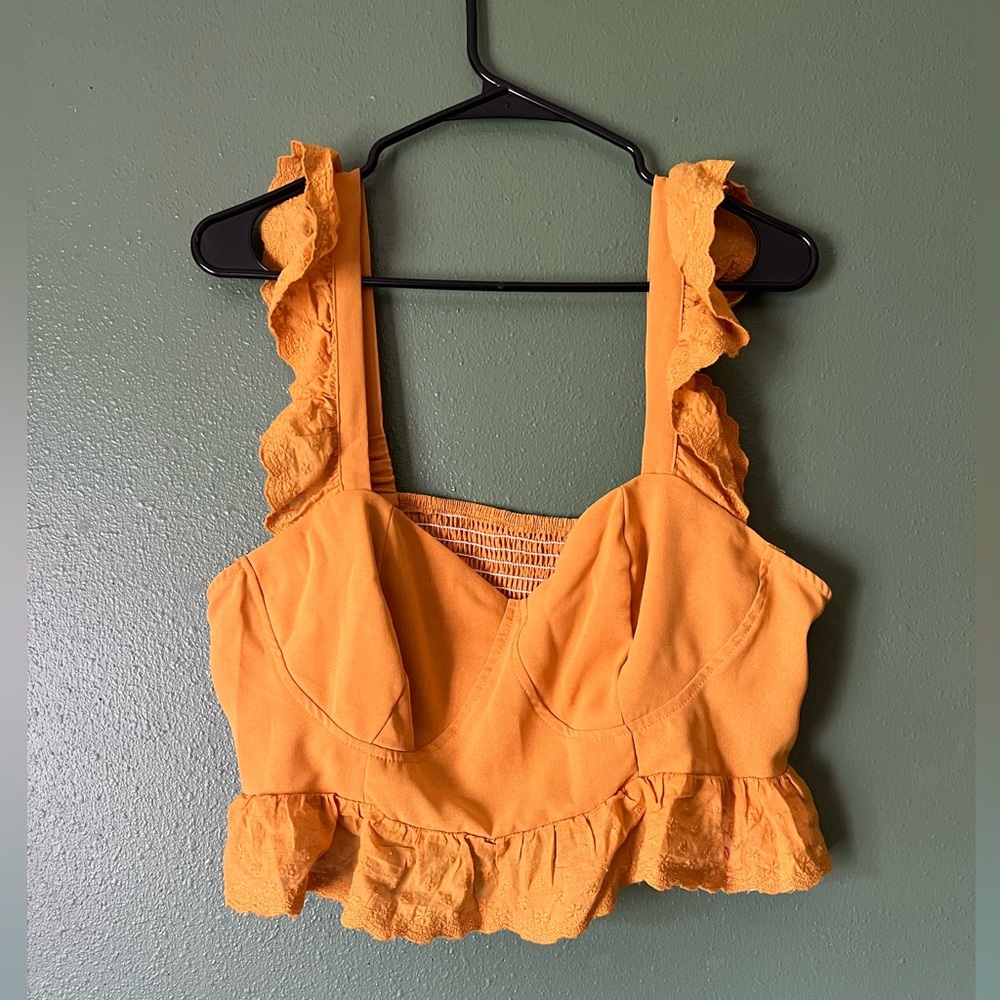 Mustard yellow crop top tank with cute strap detail and smocked back